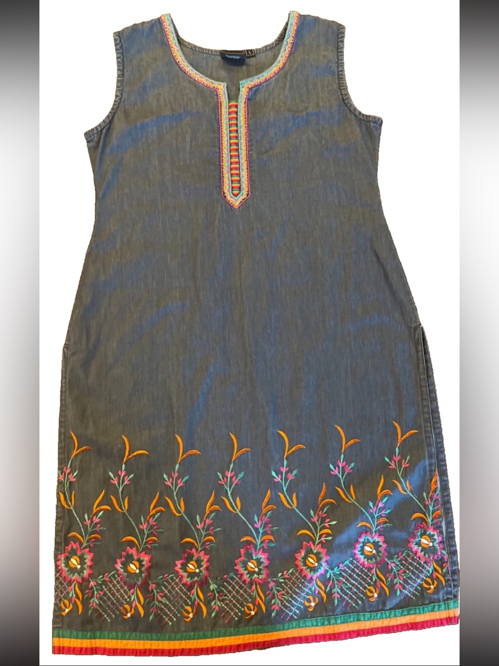 Vintage Zola Embroidered Chambray Shift Dress Large Boho Folk Art Made In India